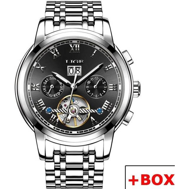 (Silver Black) LIGE New Mechanical Men Watches Top Brand Luxury Business Watch Tourbillon Automatic Clock Waterproof Watches