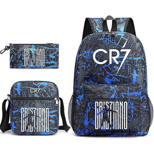 Fashion 3pcs Sets Cr7 Backpack Mochila New Students Capacity School Bags Bookbag Travel Bag - Blue