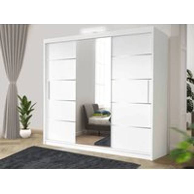 Modern LED white Effect 250cm Sliding Door Wardrobe with Mirror & Integrated Drawers, Spacious Bedroom Storage - White - One Size