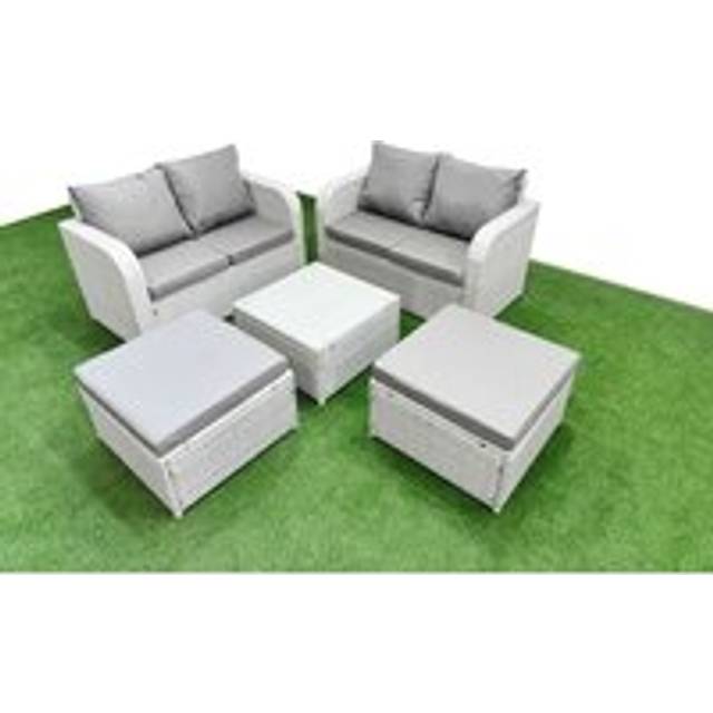 Fimous 6 Seater Outdoor Love Sofa Set Rattan Garden Furniture Set with Square Coffee Table 2 Footstool Light Grey