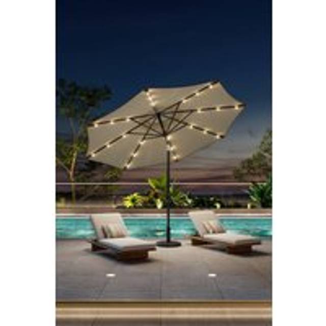 24 Solar LED Lights Patio Crank Parasol with Floral-Pattern Base - Beige - One Size
