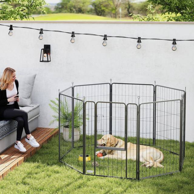 PawHut 8 Panels Heavy Duty Dog Playpen with Door Indoor Outdoor, 100cm High, Black