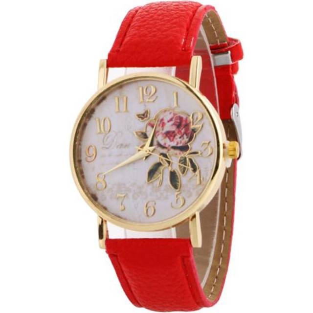 (red) Women Arabic Number Rose Flower Round Dial Faux Leather Band Quartz Wrist Watch - Red