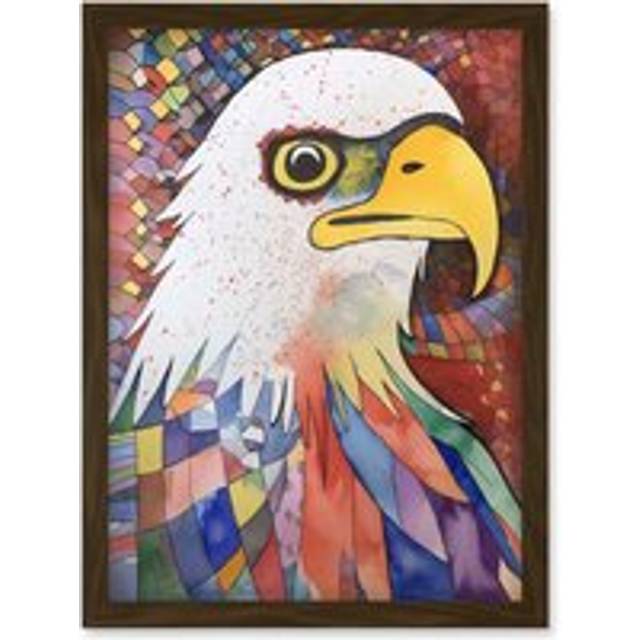 Bald Eagle Bird And Abstract Pattern Folk Art Watercolour Painting Artwork Framed Wall Art Print A4 - Brown - One Size