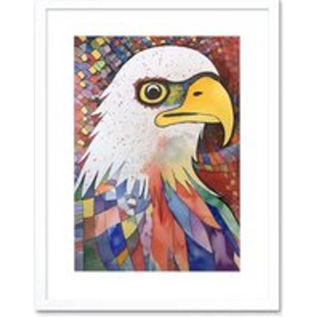 Wall Art Print Bald Eagle Bird And Abstract Pattern Folk Art Watercolour Painting Artwork Framed 9X7 Inch - White - W7 inch x H9 inch