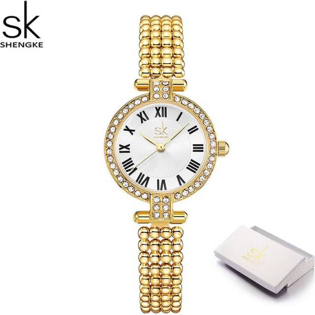 (golden) Shengke Gold Watches For Womens Waterproof Slim Thin Small Wrist Analog Diamond Ladies Quartz Wrist Watches Elegant Girls Clock