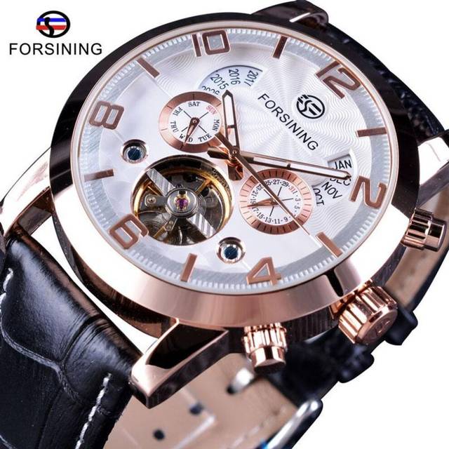 (gold) Forsining Men&apos;s Luxury Tourbillon Automatic Mechanical Watch Wave Designdate Display Luminous Hands Water Resistant Fashionable Wrist Watc - Gold