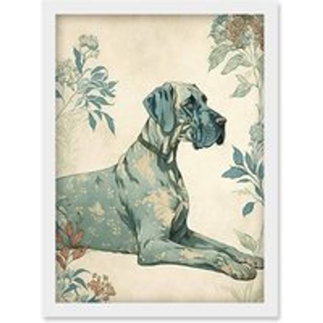 Blue Great Dane Dog with Flower Pattern Fur Coat Modern Illustration Artwork Framed Wall Art Print A4 - White - One Size