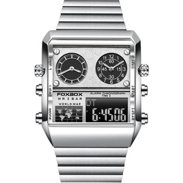 2022 FOXBOX New Watches For Men Luxury Brand Stainless Steel Military Wristwatch Casual Digital Sport Date Clock Chronograph Mens Watch LIGE silver