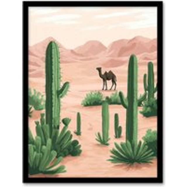 Camel in Pastel Pink Desert Sand Dunes and Cacti Framed Art Print - Beige - W12 inch x H16 inch