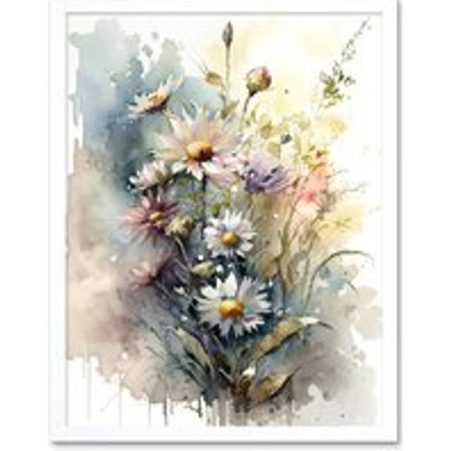 Wall Art Print Wild Flower Daisies in Bloom Modern Boho Watercolour Painting Art Framed - White - W12 inch x H16 inch