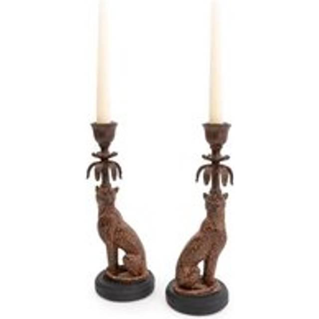 Set of 2 Leopard Candlesticks - Brown - One Size