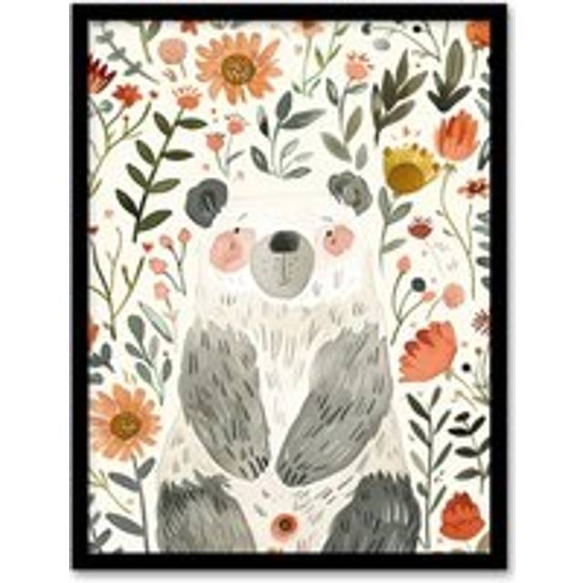 Happy Cute Baby Bear with Flowers Watercolour Framed Wall Art - Multi - A4