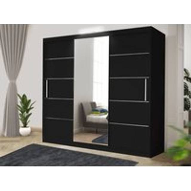 Modern LED white Effect 250cm Sliding Door Wardrobe with Mirror & Integrated Drawers, Spacious Bedroom Storage - Black - One Size
