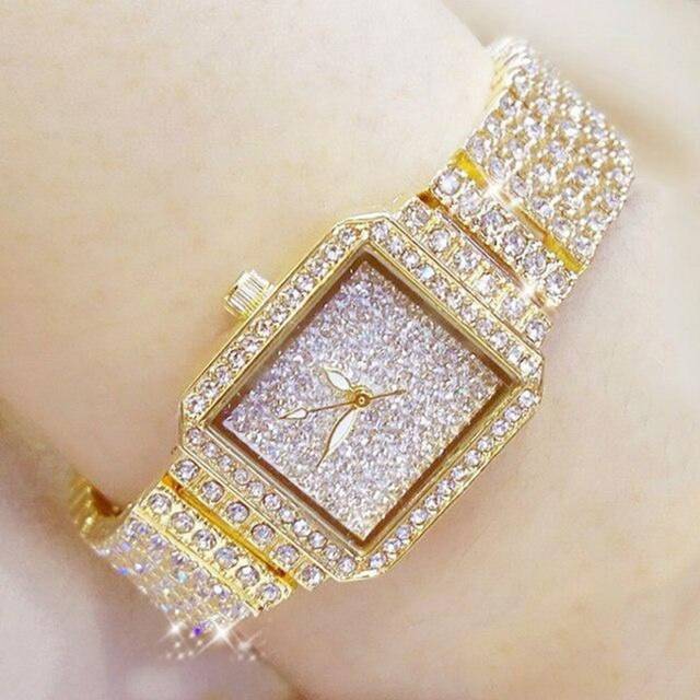 (gold, watch) Full Diamond Quartz Women Silver Watches Luxury Brand Crystal Square Female Wristwatch Rhinestone Ladies Clock - Gold