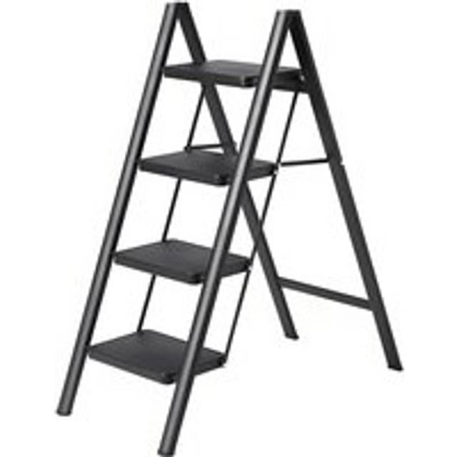 4 step ladder black folding stool non slip portable carbon steel lightweight