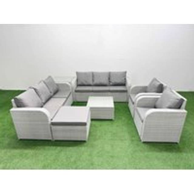 Fimous PE Rattan High Back Lounge Sofa Set Patio Square Coffee Table & Chairs Set with Reclining Chair Big Footstool Side Table