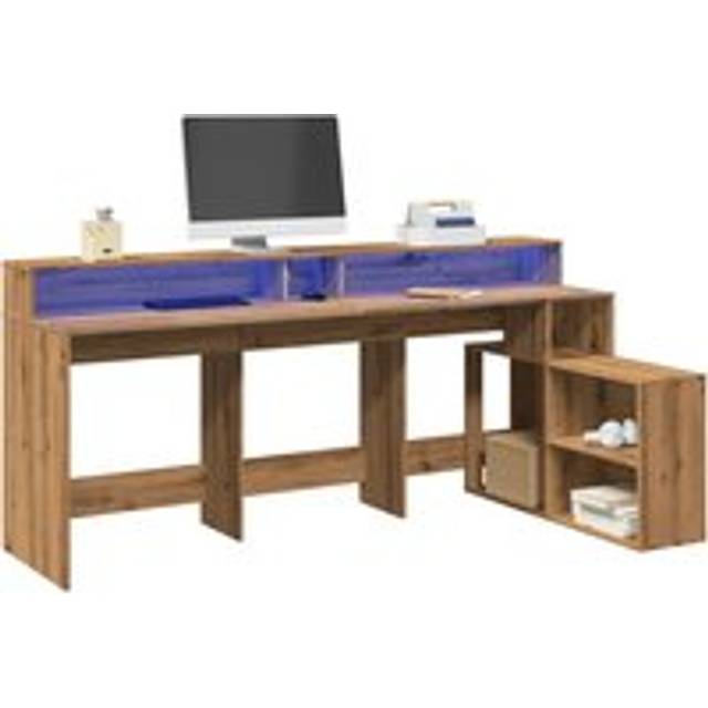 Desk with LED Lights Artisian Oak 200x104x91 cm Engineered Wood - Brown - One Size