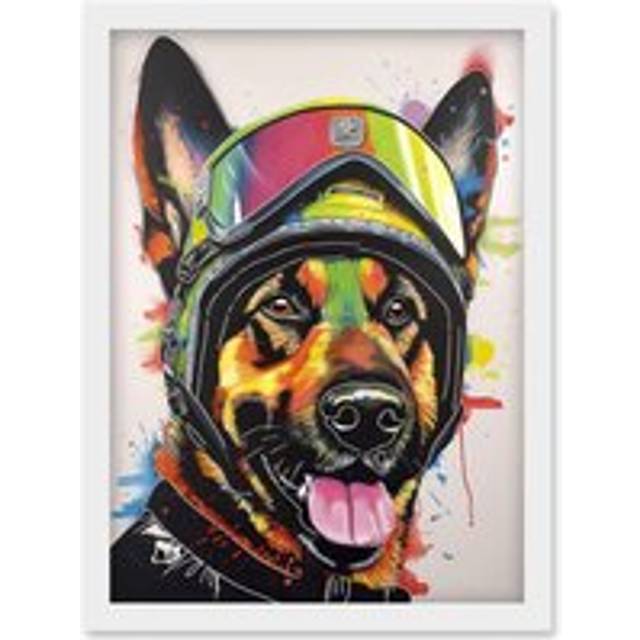 German Shepherd Dog Wearing Ski Helmet and Goggles Artwork Framed Wall Art Print A4 - White - One Size