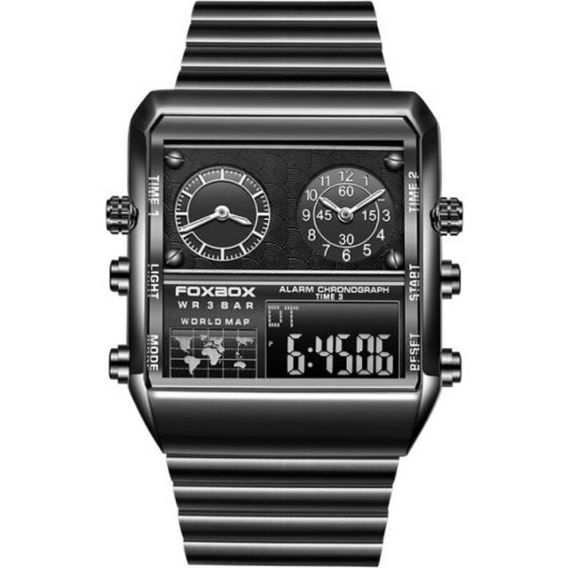 2022 FOXBOX New Watches For Men Luxury Brand Stainless Steel Military Wristwatch Casual Digital Sport Date Clock Chronograph Mens Watch LIGE black