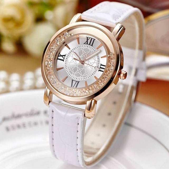 (white) Women Fashion Leisure Set Auger Leather Analog Stainless Steel Watch - White