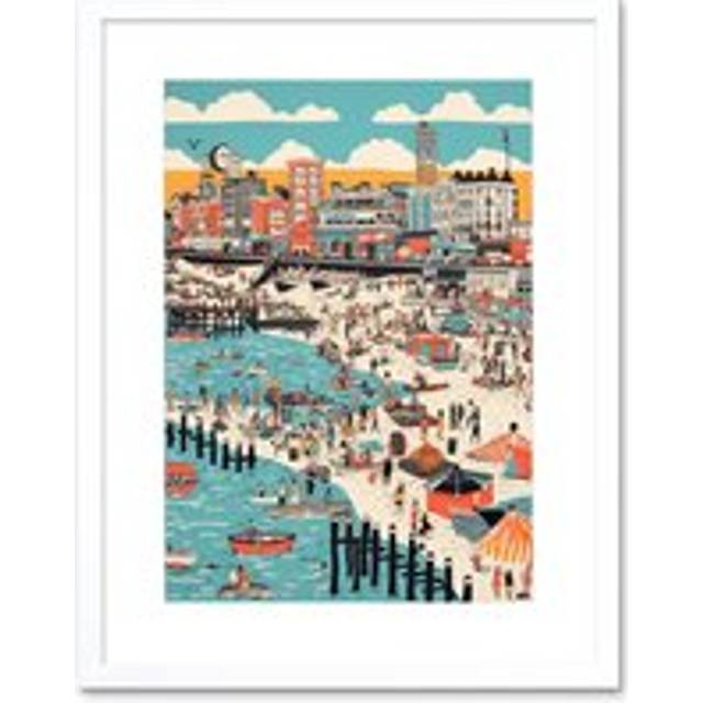 Wall Art Print Brighton Beach Warm Summer Day Colourful Scene Artwork Framed 9X7 Inch - White - W7 inch x H9 inch