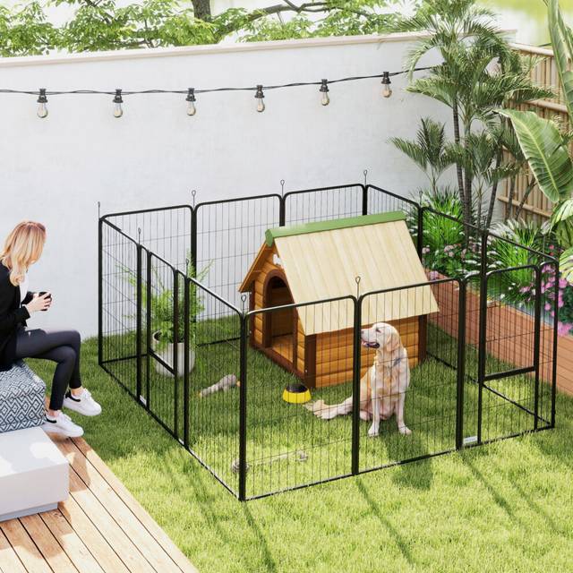 PawHut Dog Pen, 12 Panels Puppy Pen for Large Dogs, 100cm High, Black, Black