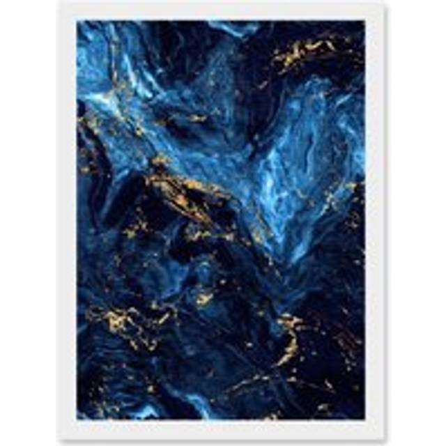 Abstract Dark Blue Gold Swirl Watercolour Modern Artwork Framed Wall Art Print A4 - White - One Size