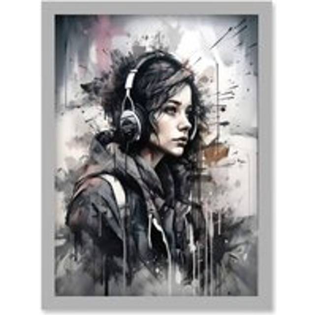 Teenager Girl in Black Hoodie Listening to Music through Headphones Modern Watercolour Painting Artwork Framed Wall Art Print A4 - Grey - One Size