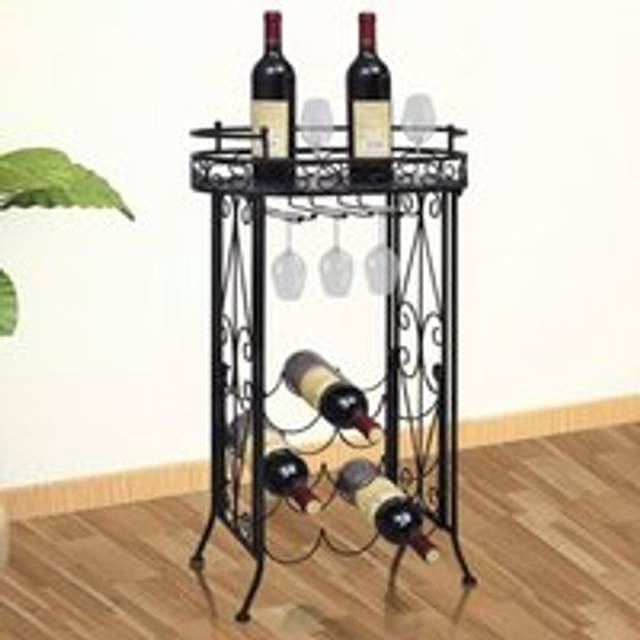 Wine Rack with Glass Holder for 9 Bottles Metal - Black - One Size