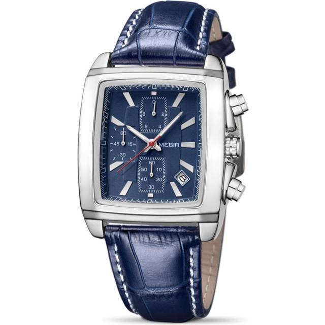 MEGIR Men's Business Analog Chronograph Luminous Rectangle Quartz Watch with Stylish Leather Strap for Sport & Work 2028 blue