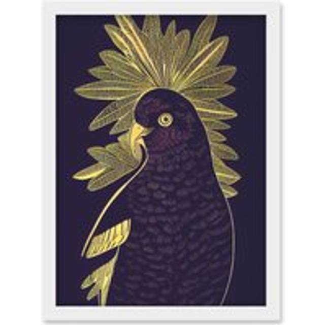 Detailed Stylish Dark Deep Purple Yellow Gold Parrot Tropical Plant Illustration Artwork Framed Wall Art Print A4 - White - One Size