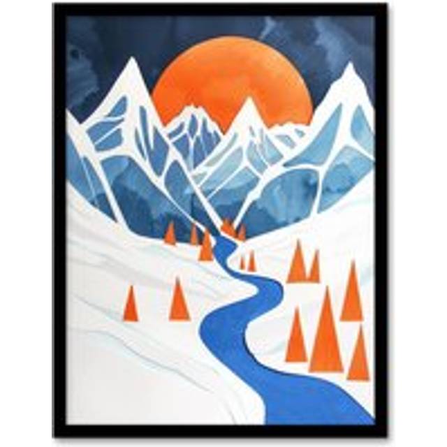 Abstract River Mountain Winter Snow Landscape Framed Wall Art - Blue - W12 inch x H16 inch
