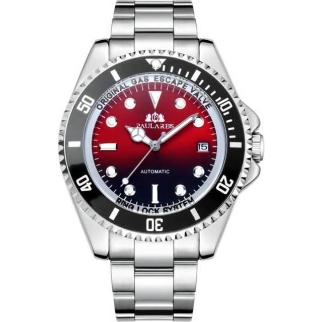 (red) Paulareis Automatic Self Wind Mechanical Stainless Steel Strap Gold Silver Gradient Black Blue Dial Date Business Men Watch - Red