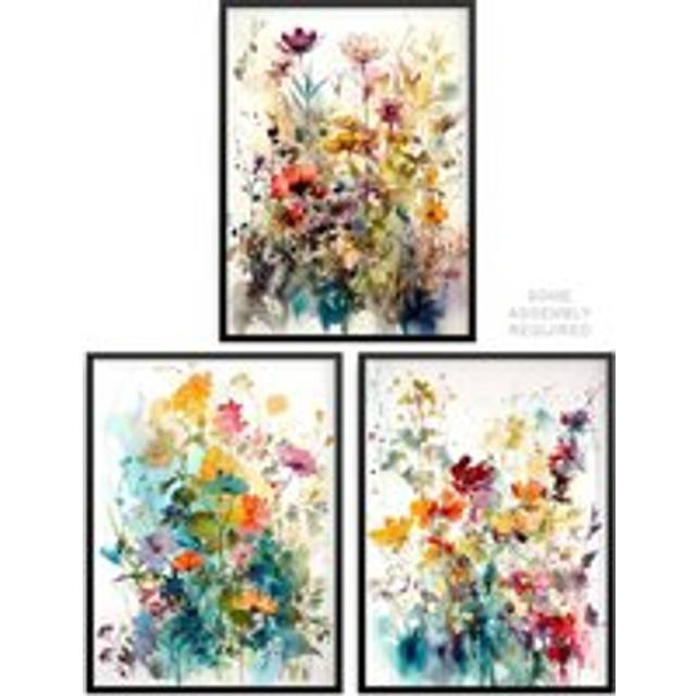 3 A4 Wildflowers Colourful Watercolour Floral Artworks Spring Flower Field Wall Art And Frame Set - Black - A4