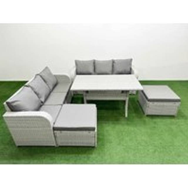 Outdoor Garden Furniture Sets 8 Seater Wicker Rattan Corner Sofa Sets with Rectangular Dining Table Lounge Sofa 2 Big Footstool Light Grey - Fimous