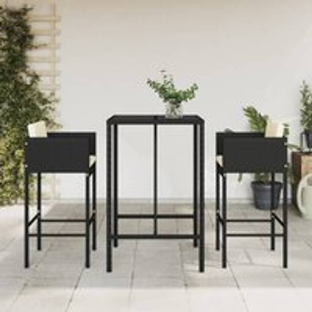 3 Piece Garden Bar Set with Cushions Black Poly Rattan - One Size