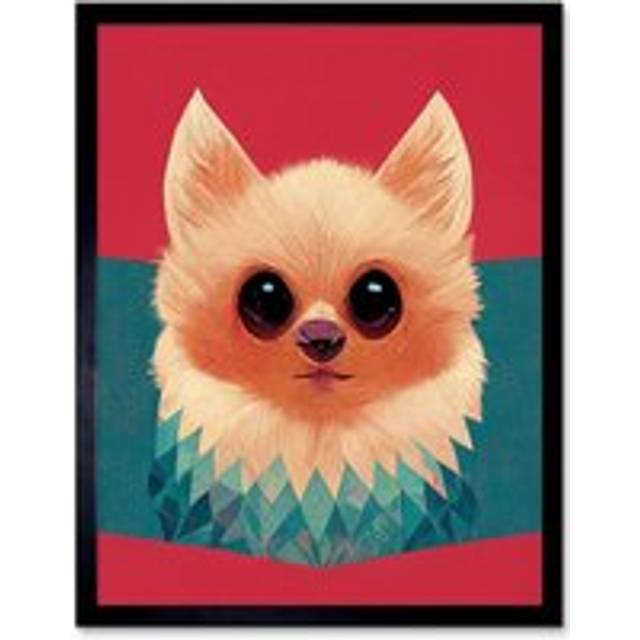 Wall Art Print Cute Geometric Pomeranian Dog Art Framed - Black - W12 inch x H16 inch