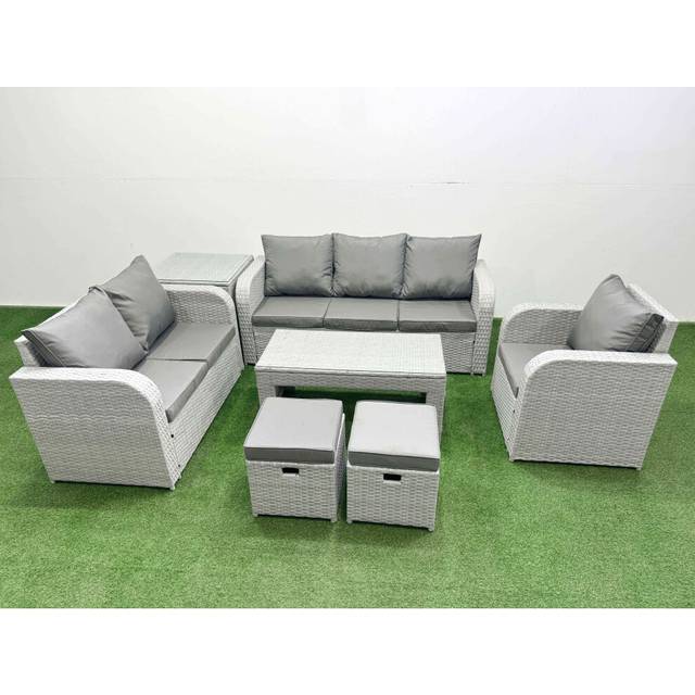 Fimous Patio PE Wicker 8 Seater Outdoor Rattan Furniture Sofa Sets with Reclining Chair Loveseat Sofa 3 Seater Sofa Stool Side Table