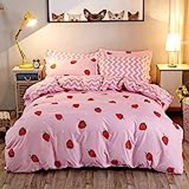 Loussiesd Strawberry Bedding Set Double Duvet Cover for Kids Girls Geometry Reversible Cute Comforter Cover with 2 Pillowcases Tropical Fruit Bed