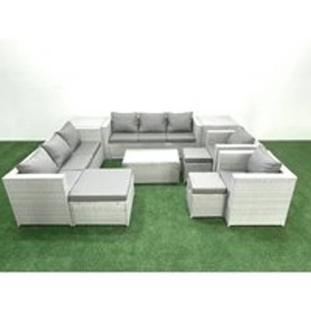 Outdoor Rattan Sofa Garden Furniture Set with 2 Armchairs Oblong Coffee Table 3 Footstools 2 Side Tables Light Grey Mixed - Fimous
