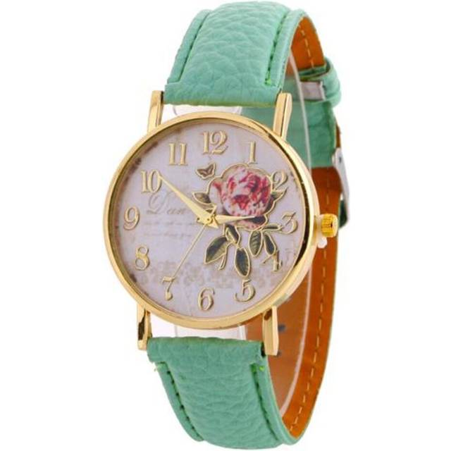 (light blue) Women Arabic Number Rose Flower Round Dial Faux Leather Band Quartz Wrist Watch - Blue