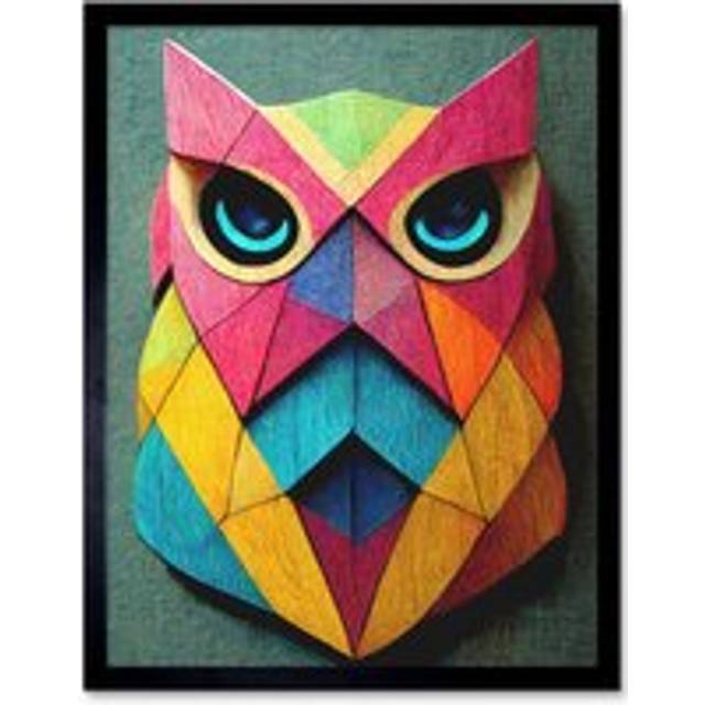 Wall Art Print Geometric Rainbow Owl Picture Abstract Multi Coloured Art Framed - Black - W12 inch x H16 inch