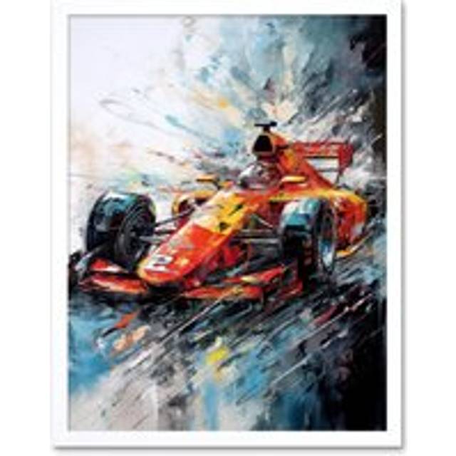Wall Art Print Orange Race Car Grand Prix Action Shot Painting Art Framed - White - W12 inch x H16 inch