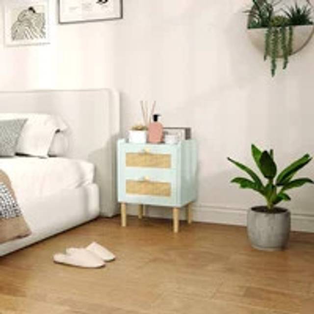 HOMCOM Boho Rattan Bedroom Chest of Drawers, 2 Drawer Dresser, Light Blue, Blue