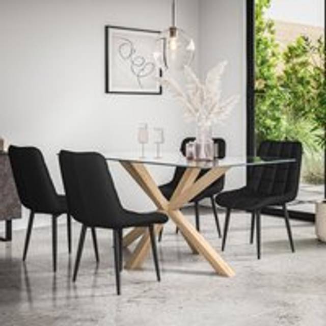 (Black) Etta Glass Dining Table Set w Solid Oak Legs w 4-6 Nova Faux Leather Chair