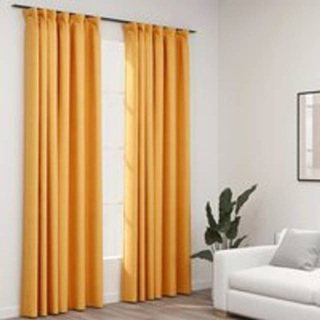 Linen-Look Blackout Curtains with Hooks 2 pcs Yellow 140x245 cm - One Size