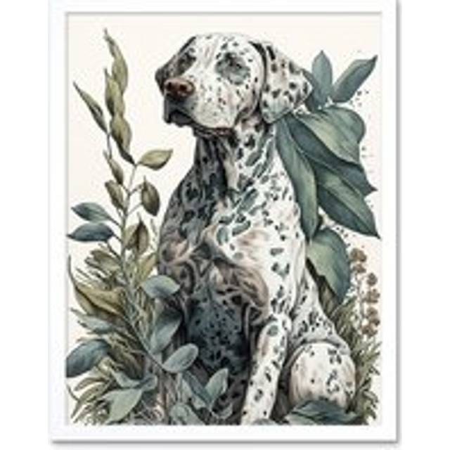 Wall Art Print Dalmatian Dog in Field Plants Modern Watercolour Art Framed - White - W12 inch x H16 inch