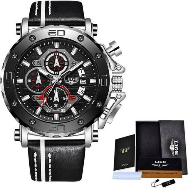 2020 Top Brand LIGE Men Watch Fashion Sports Leather Watch Men Luxury Date Waterproof Quartz Chronograph + Box silver/black