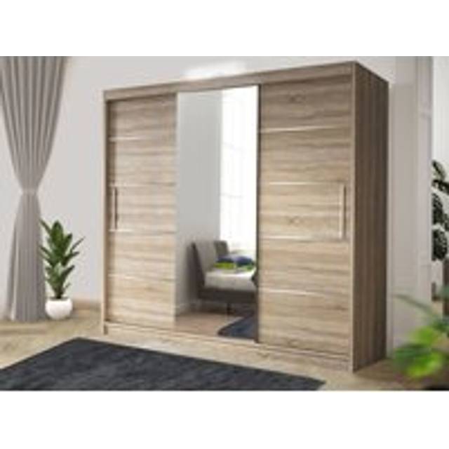 Modern LED white Effect 250cm Sliding Door Wardrobe with Mirror & Integrated Drawers, Spacious Bedroom Storage - Light Oak - One Size